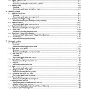 Puede incluir: Un &iacute;ndice detallado de un manual, que enumera varios procedimientos de reparaci&oacute;n de autom&oacute;viles. Las secciones incluyen frenos, direcci&oacute;n y sistemas hidr&aacute;ulicos, con n&uacute;meros de p&aacute;gina. El texto es negro sobre fondo blanco.