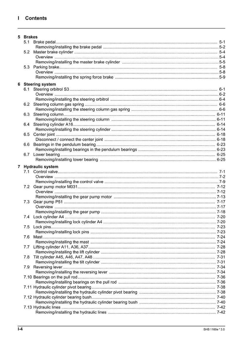 Puede incluir: Un &iacute;ndice detallado de un manual, que enumera varios procedimientos de reparaci&oacute;n de autom&oacute;viles. Las secciones incluyen frenos, direcci&oacute;n y sistemas hidr&aacute;ulicos, con n&uacute;meros de p&aacute;gina. El texto es negro sobre fondo blanco.