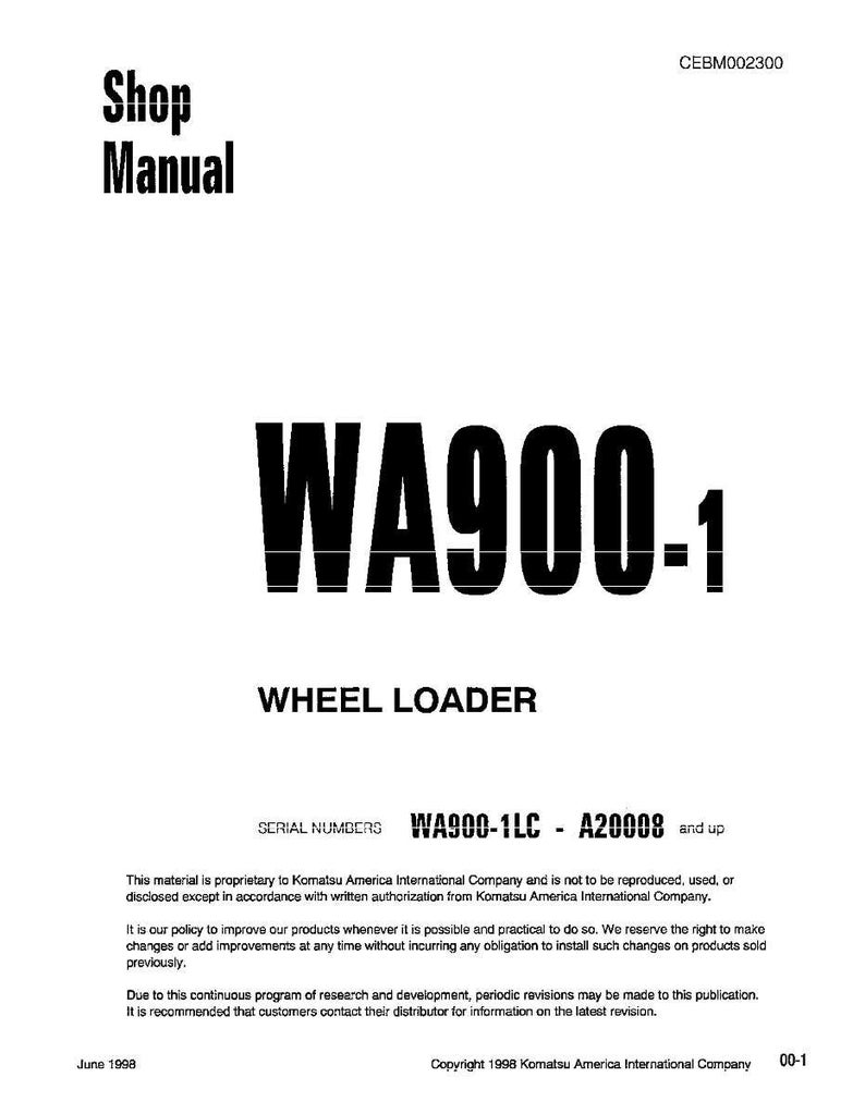 May include: A white shop manual cover with the text "Shop Manual" at the top. The title "WA900-1 WHEEL LOADER" is prominently displayed. Includes serial numbers and copyright information. Published June 1998.