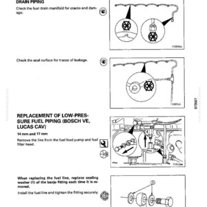 May include: Diagram of fuel piping disassembly and assembly instructions. Includes illustrations for cleaning, inspection, and replacement of fuel lines, with measurements of 14 mm and 17 mm. Text includes instructions for replacing sealing washers.