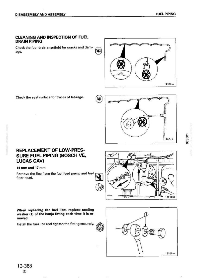 May include: Diagram of fuel piping disassembly and assembly instructions. Includes illustrations for cleaning, inspection, and replacement of fuel lines, with measurements of 14 mm and 17 mm. Text includes instructions for replacing sealing washers.