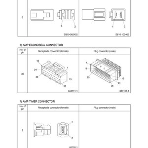 May include: Diagram of electrical connectors, including 375 Fasten Type, AMP Econoseal, and AMP Timer connectors. The image shows the receptacle and plug connectors, with labels for pin numbers and part numbers.