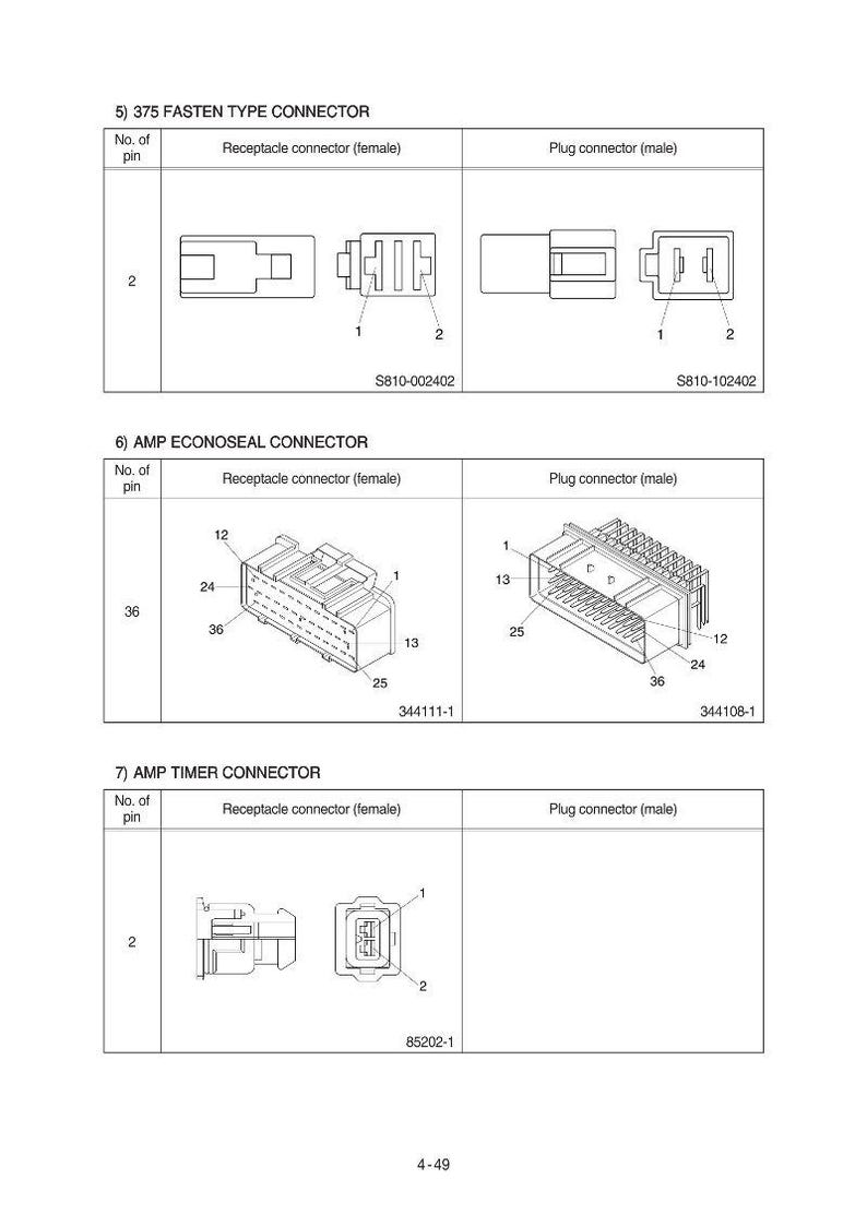 May include: Diagram of electrical connectors, including 375 Fasten Type, AMP Econoseal, and AMP Timer connectors. The image shows the receptacle and plug connectors, with labels for pin numbers and part numbers.