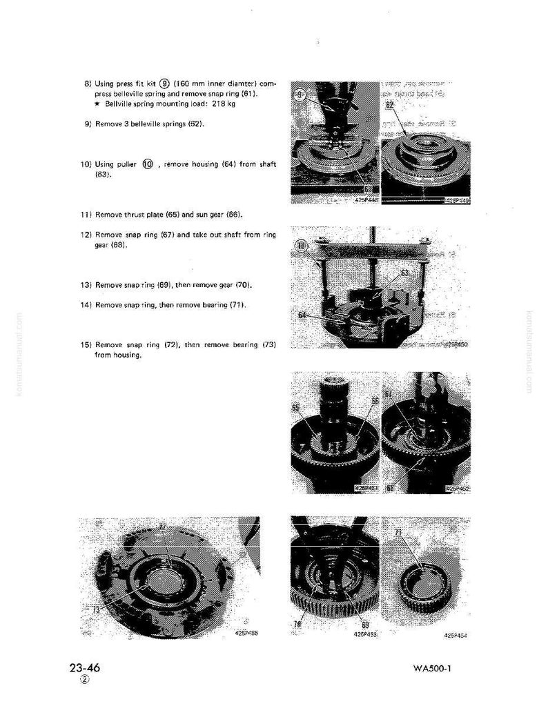 May include: Technical diagram from a manual, showing steps for mechanical assembly. Includes close-up images of components like gears, bearings, and snap rings. Text details procedures, measurements, and part numbers. The diagram is labeled with numbers and arrows.