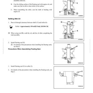 Puede incluir: Un diagrama t&eacute;cnico de un manual que detalla el desmontaje y montaje de un rodillo de oruga. El texto incluye instrucciones para el montaje de sellos flotantes y el rellenado con aceite, con ilustraciones de los componentes. El diagrama incluye medidas en ml.