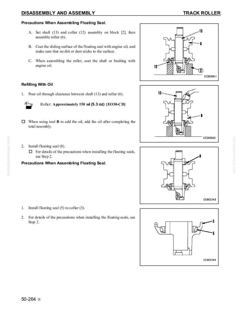 Puede incluir: Un diagrama t&eacute;cnico de un manual que detalla el desmontaje y montaje de un rodillo de oruga. El texto incluye instrucciones para el montaje de sellos flotantes y el rellenado con aceite, con ilustraciones de los componentes. El diagrama incluye medidas en ml.