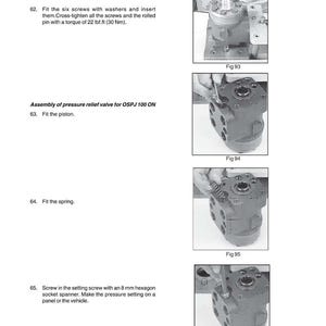 May include: A page from a service manual detailing the assembly of a pressure relief valve. The manual includes diagrams and instructions for fitting screws, pistons, and springs, with torque specifications in lbf.ft and Nm.
