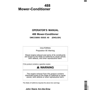 Op de afbeelding: Een witte gebruikershandleiding voor een 488 Mower-Conditioner. De handleiding bevat waarschuwingen over diesel- en benzine-uitlaatgassen, zoals vereist door California's Proposition 65. De handleiding is gedrukt in de VS.