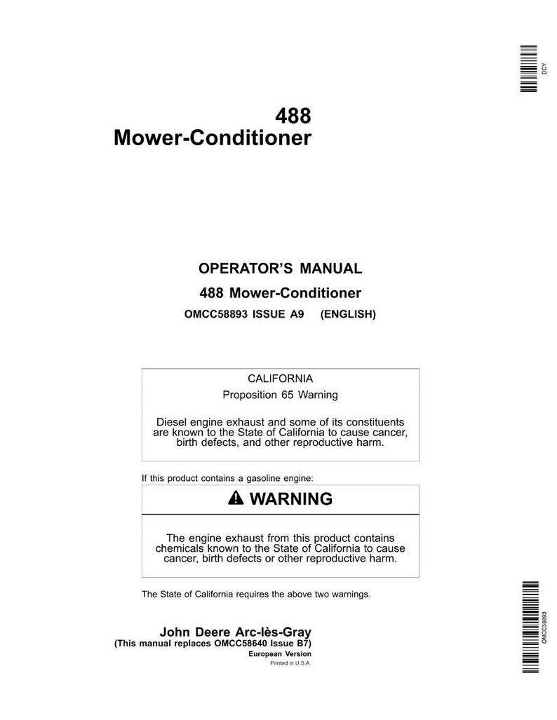 Op de afbeelding: Een witte gebruikershandleiding voor een 488 Mower-Conditioner. De handleiding bevat waarschuwingen over diesel- en benzine-uitlaatgassen, zoals vereist door California's Proposition 65. De handleiding is gedrukt in de VS.