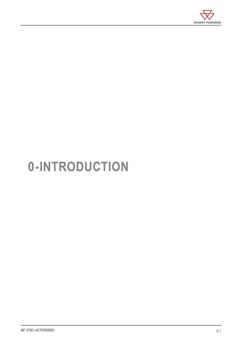 May include: White page with the text "0-INTRODUCTION" in gray. The Massey Ferguson logo is in the upper right corner. At the bottom of the page is the text "MF 3700 I ACT0093980" and the page number "0-1".
