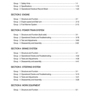 May include: A manual contents page, listing sections and groups. Sections include GENERAL, ENGINE, POWER TRAIN SYSTEM, BRAKE SYSTEM, STEERING SYSTEM, and WORK EQUIPMENT. Each section has numbered groups with corresponding page numbers.