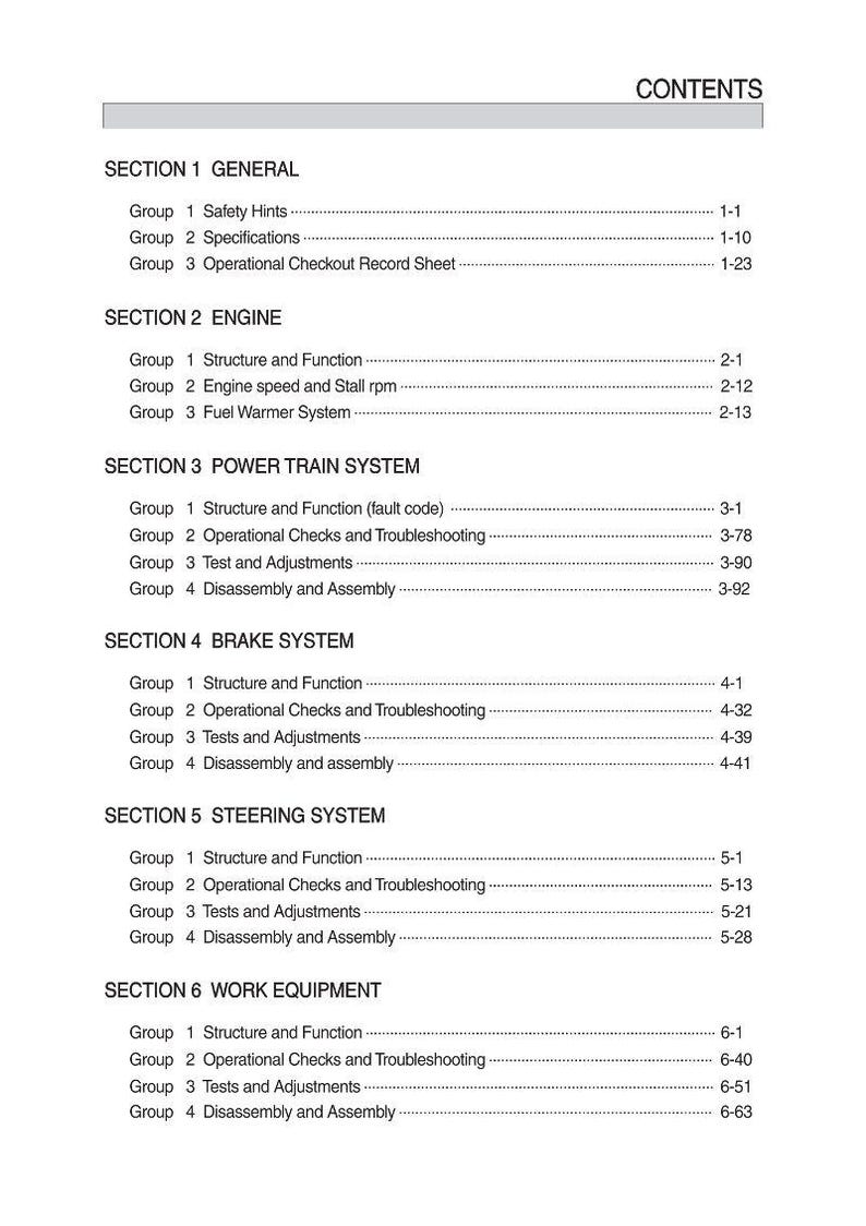 May include: A manual contents page, listing sections and groups. Sections include GENERAL, ENGINE, POWER TRAIN SYSTEM, BRAKE SYSTEM, STEERING SYSTEM, and WORK EQUIPMENT. Each section has numbered groups with corresponding page numbers.