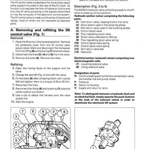May include: Diagram of a hydraulic system for 8100 series tractors. The image includes detailed illustrations of valves, solenoids, and other components, with labels and figures for reference. Text includes instructions for removing and refitting the lift control valve.