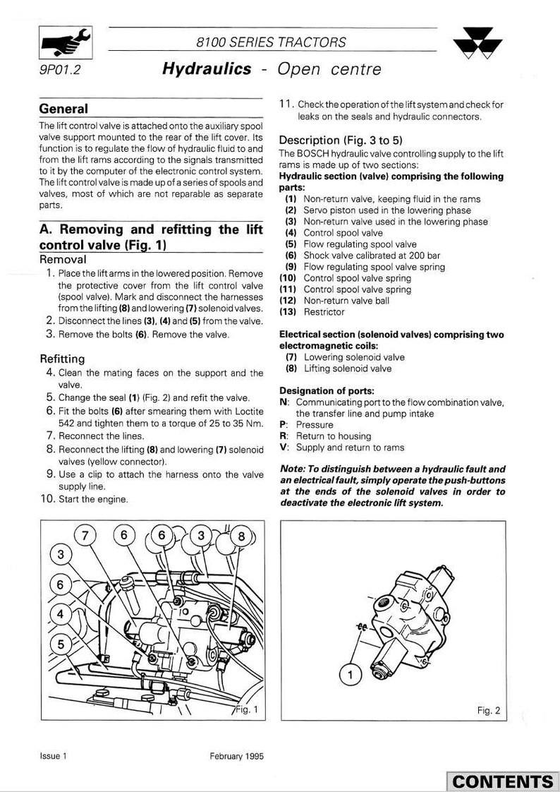 May include: Diagram of a hydraulic system for 8100 series tractors. The image includes detailed illustrations of valves, solenoids, and other components, with labels and figures for reference. Text includes instructions for removing and refitting the lift control valve.