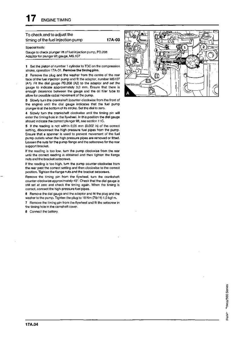 May include: Diagram from a manual detailing engine timing procedures for a fuel injection pump. The image includes text instructions, diagrams, and tool specifications. The page is from a Perkins Prima 500 Series manual.