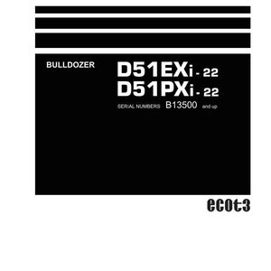K&ouml;nnte beinhalten: Ein Werkstatthandbuch mit dem Titel "Shop Manual". Es behandelt die Bulldozermodelle D51EXi-22 und D51PXi-22. Seriennummern beginnen ab B13500 und aufw&auml;rts. Das Komatsu-Logo befindet sich unten.