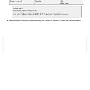 May include: A page from a manual with instructions for a rotary harvesting unit. It includes steps for draining and refilling the friction clutch with a water/coolant mixture. The coolant reservoir capacity is 1.3 L (0.34 U.S. gal).