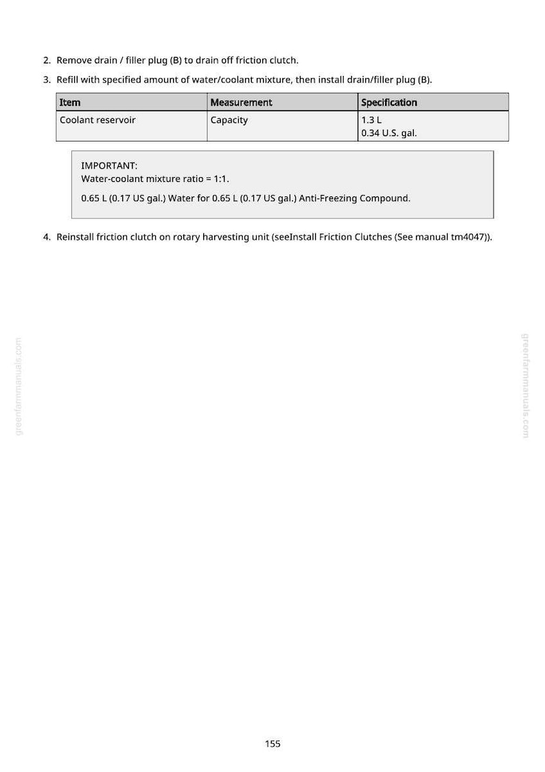 May include: A page from a manual with instructions for a rotary harvesting unit. It includes steps for draining and refilling the friction clutch with a water/coolant mixture. The coolant reservoir capacity is 1.3 L (0.34 U.S. gal).