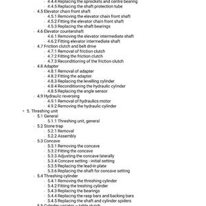 May include: A detailed list of mechanical components and procedures, likely for machinery maintenance or repair. The text includes sections on elevator chains, friction clutches, adapters, and threshing units. The document is organized with numbered and bulleted points.