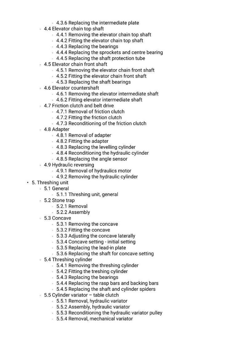 May include: A detailed list of mechanical components and procedures, likely for machinery maintenance or repair. The text includes sections on elevator chains, friction clutches, adapters, and threshing units. The document is organized with numbered and bulleted points.