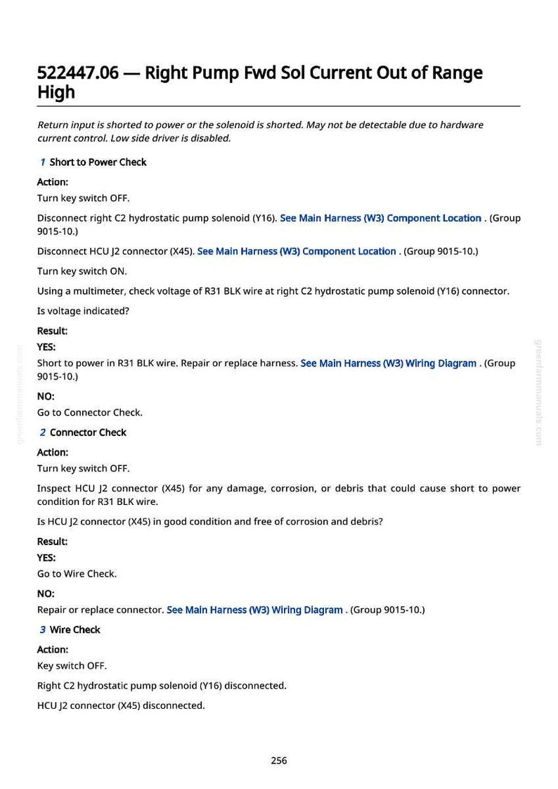 May include: A diagnostic document with the title "522447.06 - Right Pump Fwd Sol Current Out of Range High". The document provides troubleshooting steps, including connector and wire checks, with instructions to turn the key switch on and off.