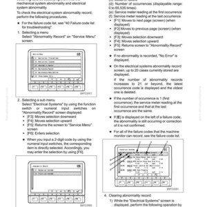 Pode incluir: Diagrama de um registro de anomalias do sistema el&eacute;trico com instru&ccedil;&otilde;es para teste e ajuste. A tela exibe op&ccedil;&otilde;es de menu e detalhes de falhas. Inclui texto e diagramas para solu&ccedil;&atilde;o de problemas.