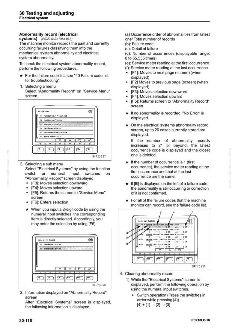 Pode incluir: Diagrama de um registro de anomalias do sistema el&eacute;trico com instru&ccedil;&otilde;es para teste e ajuste. A tela exibe op&ccedil;&otilde;es de menu e detalhes de falhas. Inclui texto e diagramas para solu&ccedil;&atilde;o de problemas.
