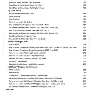 May include: A manual page detailing agricultural machinery repair procedures. The text covers topics like gear case assembly, clutch repair, and auger drives, with page numbers for reference.