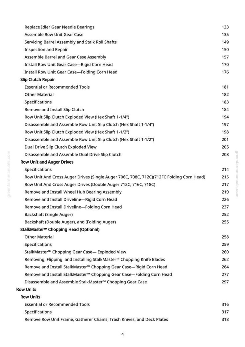 May include: A manual page detailing agricultural machinery repair procedures. The text covers topics like gear case assembly, clutch repair, and auger drives, with page numbers for reference.