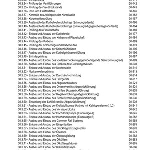 K&ouml;nnte beinhalten: Ein detailliertes Inhaltsverzeichnis aus einem technischen Handbuch, das verschiedene Motorbauteil-Verfahren auflistet. Der Text ist auf Deutsch, mit Abschnitten &uuml;ber Zylinderk&ouml;pfe, Ventile und Kraftstoffsysteme. Die Seitenzahlen sind angegeben.