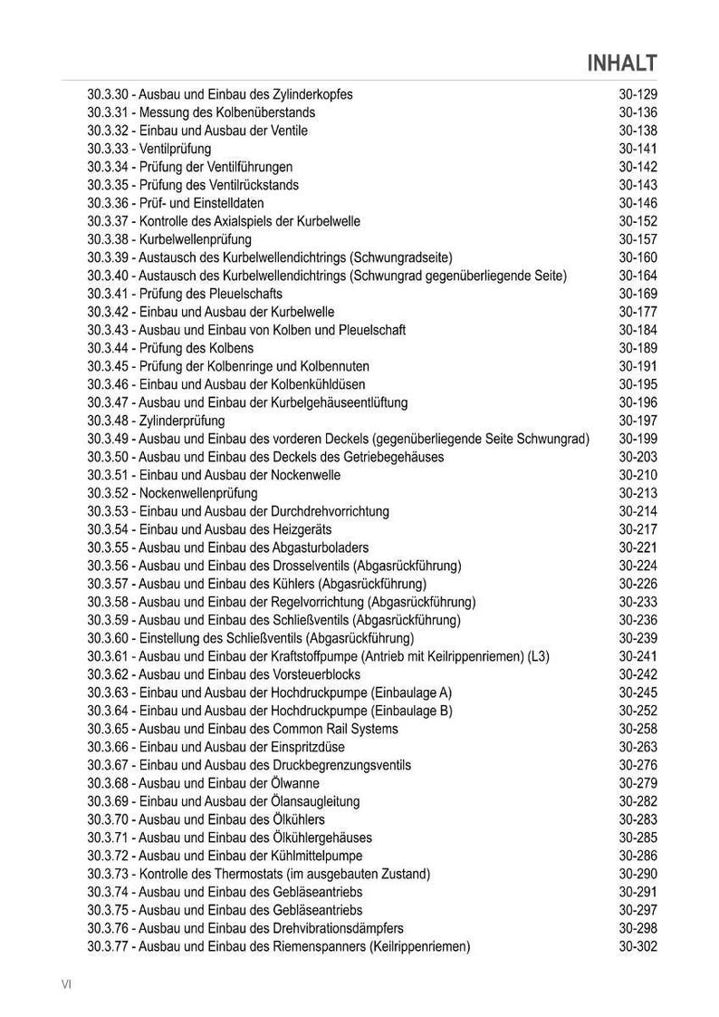 K&ouml;nnte beinhalten: Ein detailliertes Inhaltsverzeichnis aus einem technischen Handbuch, das verschiedene Motorbauteil-Verfahren auflistet. Der Text ist auf Deutsch, mit Abschnitten &uuml;ber Zylinderk&ouml;pfe, Ventile und Kraftstoffsysteme. Die Seitenzahlen sind angegeben.