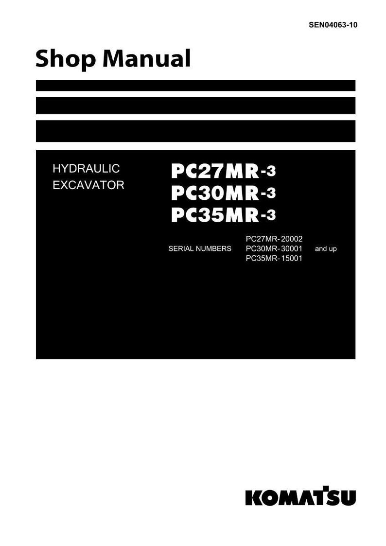 K&ouml;nnte beinhalten: Ein schwarz-wei&szlig;es Shop-Handbuch-Cover. Der Titel "Shop Manual" steht oben. Der Text "HYDRAULIC EXCAVATOR" steht darunter. Das Handbuch listet die Modelle PC27MR-3, PC30MR-3 und PC35MR-3 auf. Das Komatsu-Logo befindet sich unten.