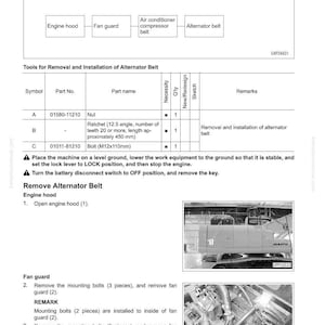 May include: Diagram for removing and installing an alternator belt. Includes a parts list with nut, ratchet, and bolt specifications. Also shows images of the engine hood and fan guard.