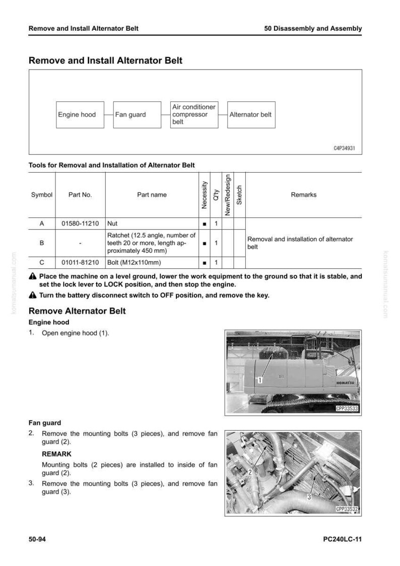 May include: Diagram for removing and installing an alternator belt. Includes a parts list with nut, ratchet, and bolt specifications. Also shows images of the engine hood and fan guard.