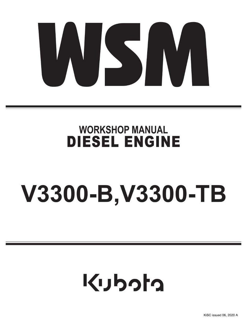 Puede incluir: Fondo blanco con texto negro. El texto dice "WSM" en la parte superior, seguido de "WORKSHOP MANUAL DIESEL ENGINE". Debajo, se muestra "V3300-B, V3300-TB". El logotipo de Kubota est&aacute; en la parte inferior.