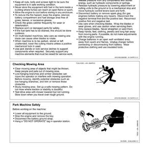May include: Safety guidelines for lawn mower maintenance and operation. Includes diagrams and text on storage, mowing area checks, and safe parking procedures. Features warnings and precautions.