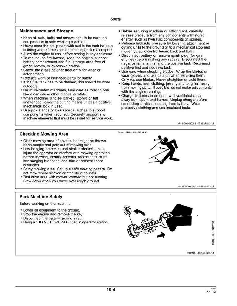 May include: Safety guidelines for lawn mower maintenance and operation. Includes diagrams and text on storage, mowing area checks, and safe parking procedures. Features warnings and precautions.