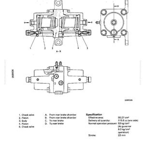Może przedstawiać: Schemat techniczny regulatora luzu, elementu mechanicznego. Schemat zawiera wiele widok&oacute;w regulatora, z etykietami dla części takich jak zawory zwrotne i tłoki. Specyfikacje obejmują powierzchnię efektywną i skok.