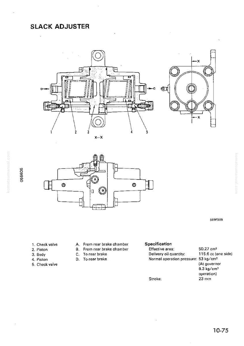 Może przedstawiać: Schemat techniczny regulatora luzu, elementu mechanicznego. Schemat zawiera wiele widok&oacute;w regulatora, z etykietami dla części takich jak zawory zwrotne i tłoki. Specyfikacje obejmują powierzchnię efektywną i skok.
