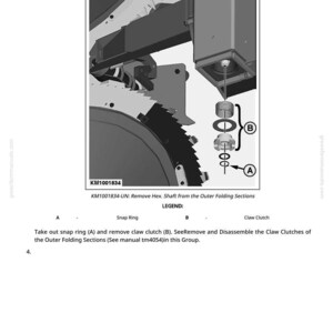 May include: Technical diagram showing mechanical parts, including a saw blade, snap ring, and claw clutch. Text reads "KM1001834-UN: Remove Hex. Shaft from the Outer Folding Sections." Instructions are also included.