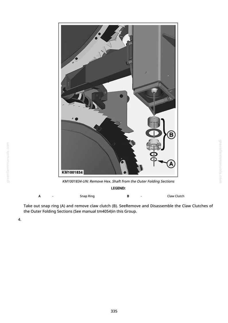 May include: Technical diagram showing mechanical parts, including a saw blade, snap ring, and claw clutch. Text reads "KM1001834-UN: Remove Hex. Shaft from the Outer Folding Sections." Instructions are also included.