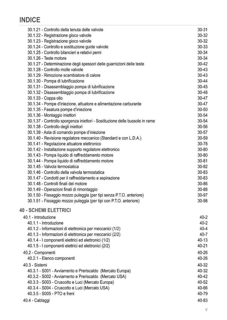 May include: An Italian-language index page, detailing technical terms and page numbers. The topics include engine components, electrical schematics, and fuel systems. Page numbers are on the right-hand side.