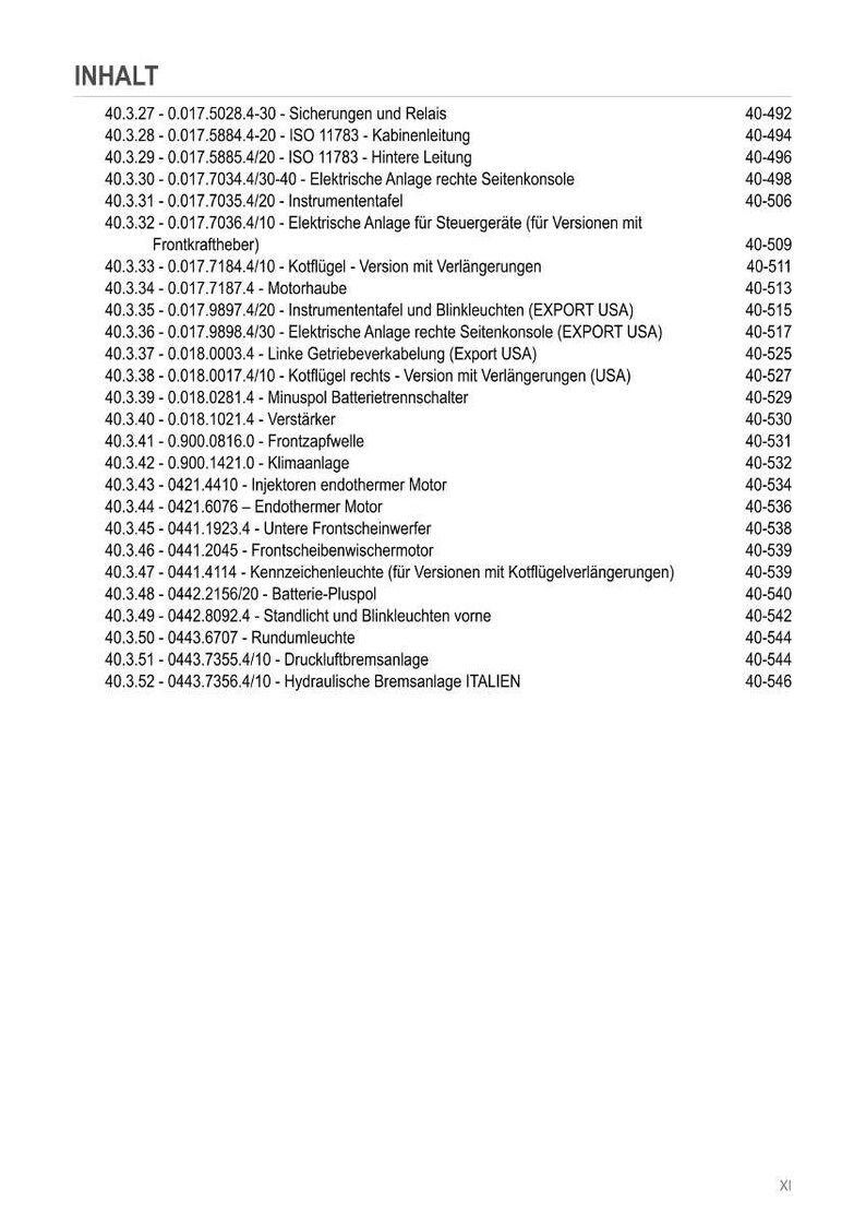 May include: A page titled "INHALT" with a list of technical specifications and part numbers, likely for machinery or vehicles. The text is in German, with numerical codes and descriptions.