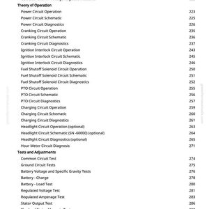 May include: A page from a manual with a list of electrical system topics, including wiring harnesses, circuit operations, and diagnostic tests. The text is in black font on a white background, with page numbers on the right.