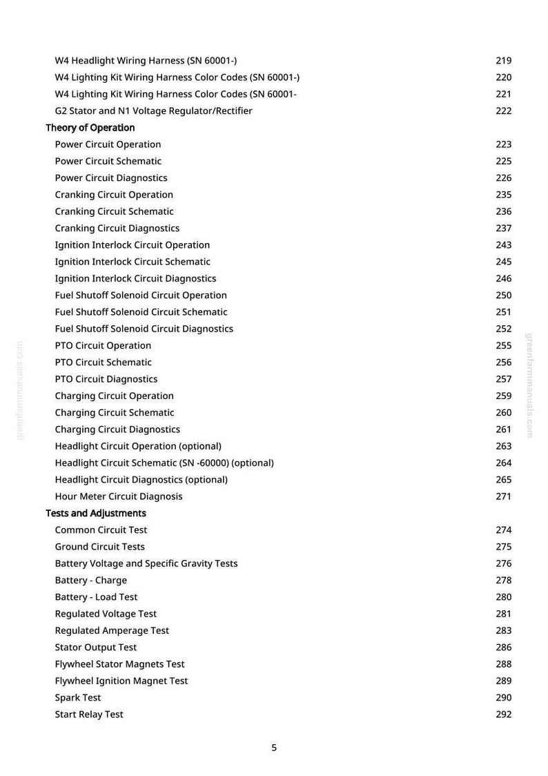 May include: A page from a manual with a list of electrical system topics, including wiring harnesses, circuit operations, and diagnostic tests. The text is in black font on a white background, with page numbers on the right.