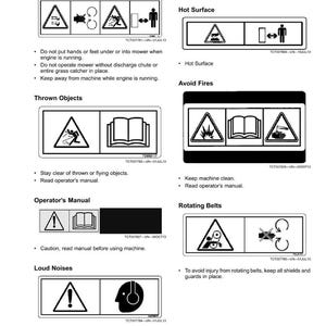 May include: A page of safety labels with black and white warning symbols. The labels warn about hazards like hot surfaces, thrown objects, and loud noises. The page includes instructions for safe operation.