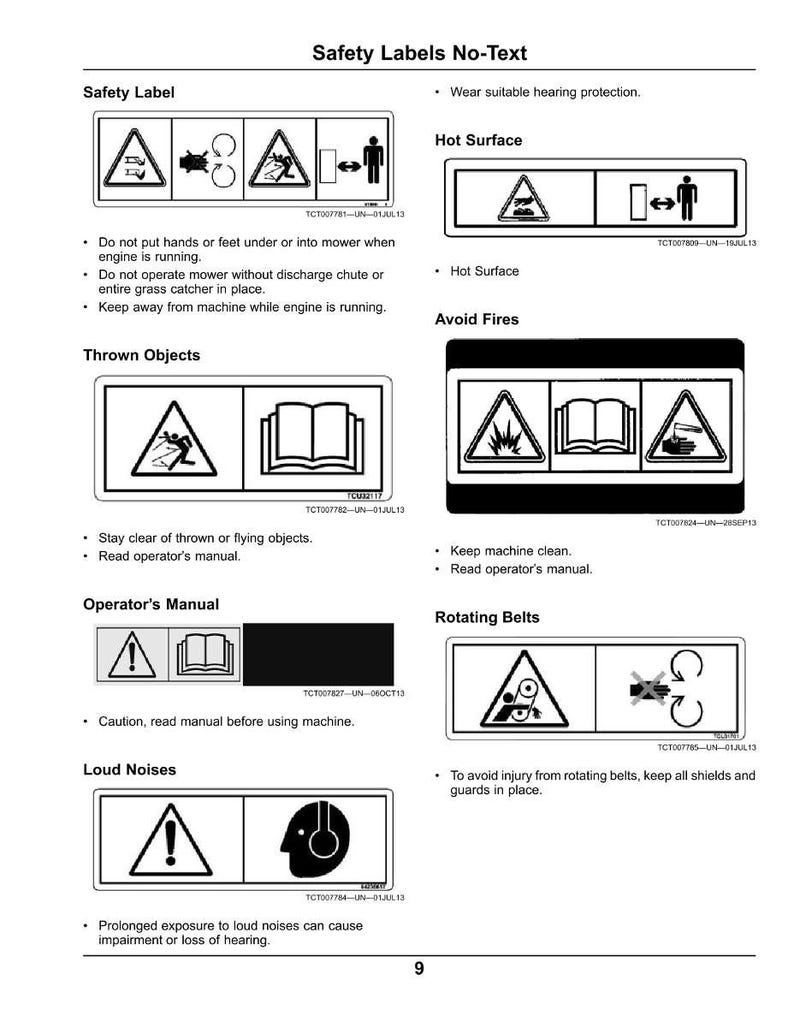 May include: A page of safety labels with black and white warning symbols. The labels warn about hazards like hot surfaces, thrown objects, and loud noises. The page includes instructions for safe operation.
