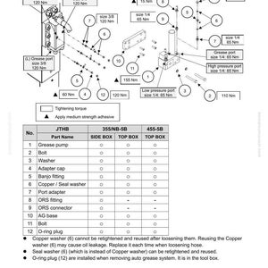 May include: Diagram of a bracket mounting layout, labeled JTHB355/NB, 455-5B, with parts and tightening torque specifications. Includes grease ports, high and low pressure ports, bolts, washers, and fittings. Measurements are in Nm.