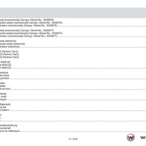 May include: A page from a manual with the title "Contents" in English, German, and French. The document lists various mechanical components, including accelerator pedals, engines, and crankshafts. The Weidemann logo is at the bottom.