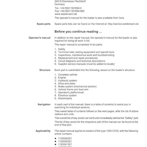 May include: A repair manual from Weidemann, featuring the company logo and contact information. The manual details the structure, navigation, and applicability for the 1250 CX35 loader, including a list of article numbers. The document is in English.